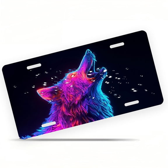 Neon Howling Wolf Funny Personalized License Plate Rust-proof Stainless Steel Metal License Plate Suitable For Men And Women 12.2" x 6.2"