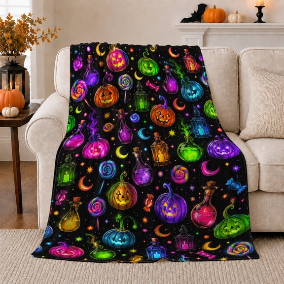 Neon Jack-O'-Lantern autumn celebration Scene Glowing Potion Bottles Bats, Warm Flannel Blanket for Living Room and Family Room, Festive autumn celebration Scene, Festive Home Decor
