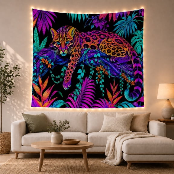 Neon Jaguar Resting on Purple Branch with Tropical Leaves, Energetic Psychedelic for Wildlife Lovers, Jungle Wall Art, Housewarming Gift, Tapestry Wall Hanging for Bedroom and Dorm