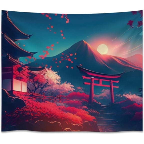 Neon Japanese Torii Mountain Tapestry  Cherry blossoms Sunset Anime Landscape Wall Hanging Vaporwave Japan Aesthetic Decor 40x60inch