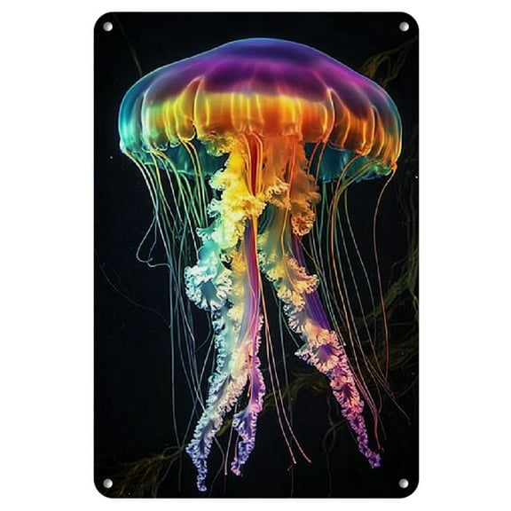 Neon Jellyfish Metal Wall Art - Vintage-Inspired Iron Poster, 8x12 inches, Colorful Room Decor for Living Room, Bedroom, Hallway, 2D, Perfect for Room Decor