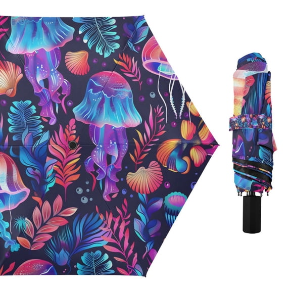 Neon Jellyfish and Shell Compact Sun Umbrella Windproof Travel Umbrellas for Rain Strong Portable UV Protection