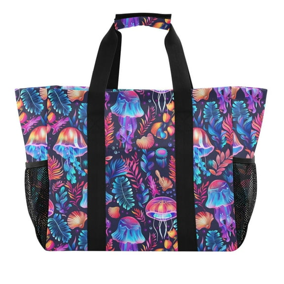 Neon Jellyfish and Shell Reusable Grocery Bags with Handle Side Pocket Waterproof Shopping Portable Tote