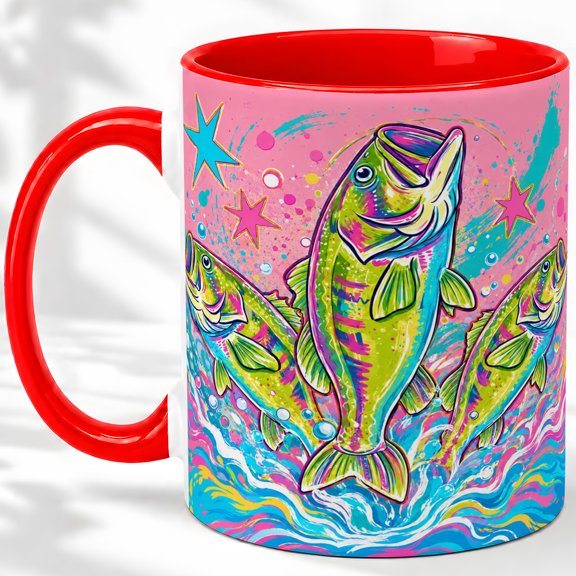 Neon Jumping Fish Accent Mug, 11oz Ceramic Coffee Cup for Fish Lovers