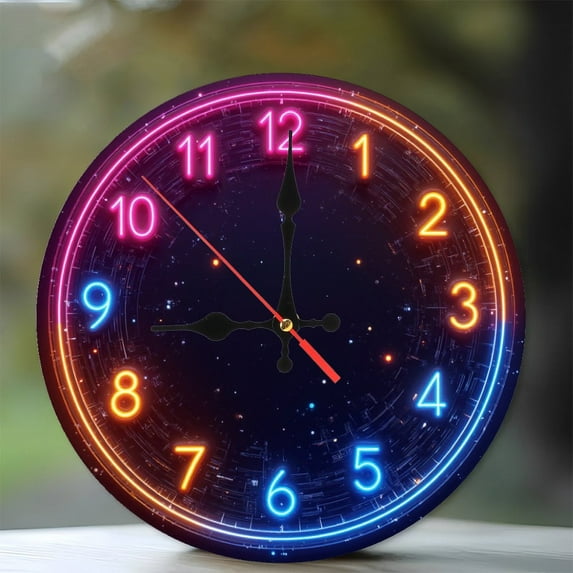 Neon LED Digital Clock with Colorful Display 10-Inch Silent Wooden Wall Clock, Battery Operated (AA Batteries Not Included), Artistic Home Decor