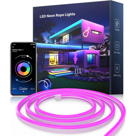 Neon LED Rope Lights 16.4FT, IP67 Waterproof LED Lights for Bedroom Flexible LED Light Strip with Remote and APP Control RGB Lighting Strip for Indoors Outdoors Bedroom Room Home Decor