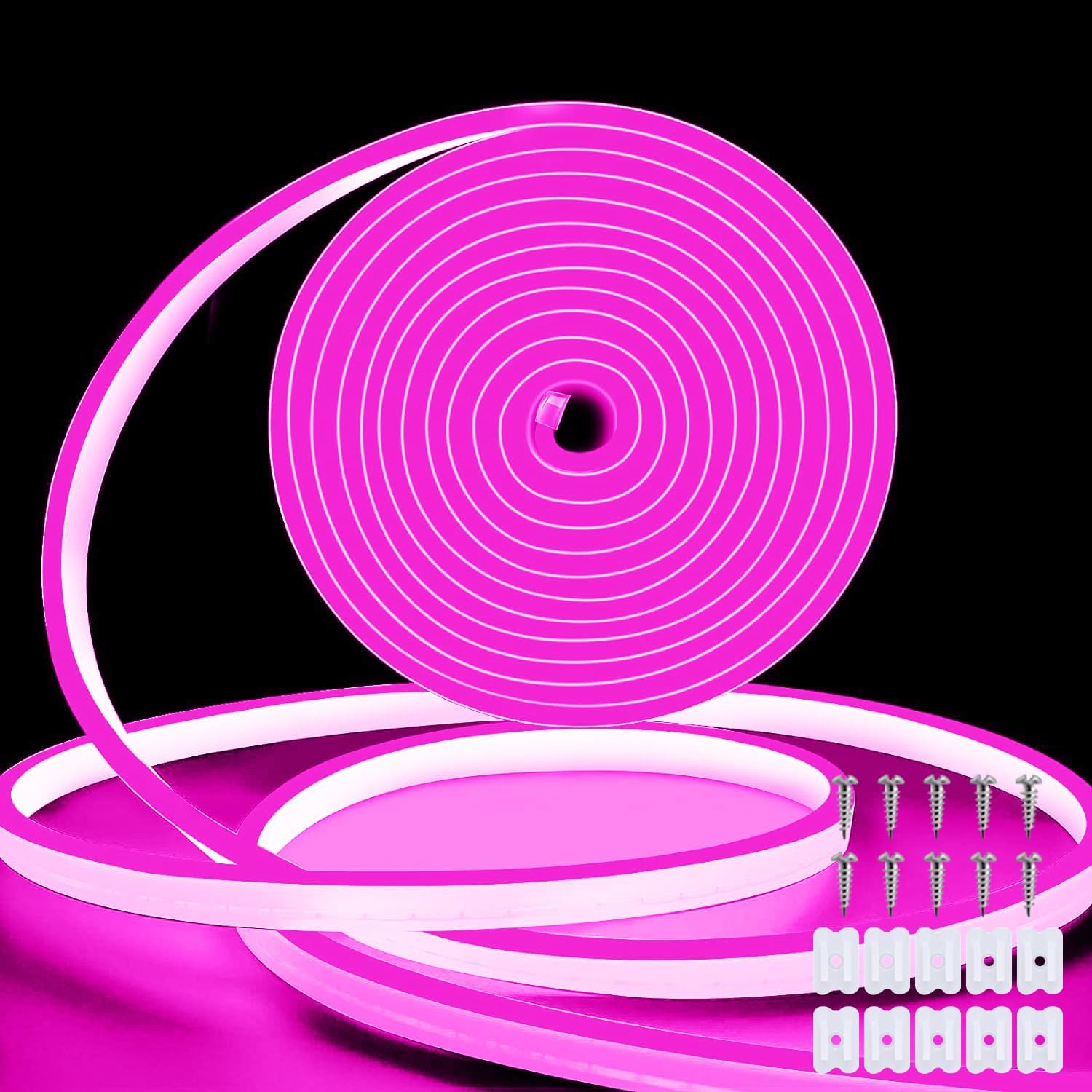 Neon LED Strip Lights Pink, 16.4ft/5m LED Lights for Bedroom, 12V Silicone Neon Strip Waterproof Flexible Neon Rope Light for Kitchen Party Holiday Decor (Power Adapter not Included)