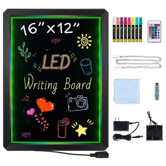 Neon LED Writing Board, 16" x 12" Illuminated Message Sign with 8 Fluorescent Markers