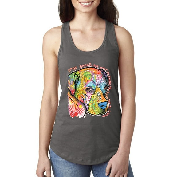 Neon Lab Dog Lover Shirt | Labrador Dogs Speak To Those Who Listen | Dean Russo Art Animal Lover Ladies Racerback Tank Top, Dark Grey, Small