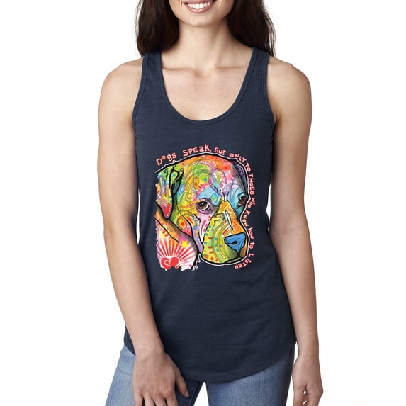 Neon Lab Dog Lover Shirt | Labrador Dogs Speak To Those Who Listen | Dean Russo Art Animal Lover Ladies Racerback Tank Top, Navy, X-Large