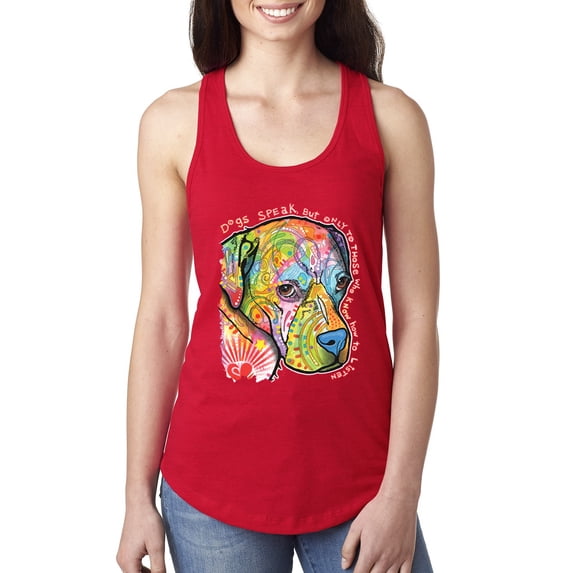 Neon Lab Dog Lover Shirt | Labrador Dogs Speak To Those Who Listen | Dean Russo Art Animal Lover Ladies Racerback Tank Top, Red, Large
