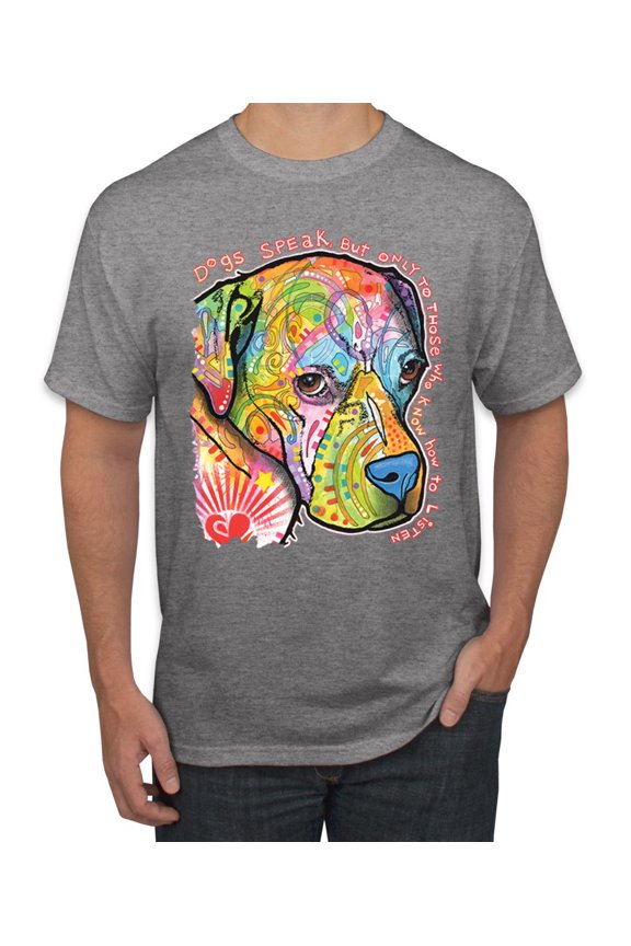 Neon Lab Dog Lover Shirt | Labrador Dogs Speak To Those Who Listen | Dean Russo Art Animal Lover Men's T-Shirt, Heather Grey, Large