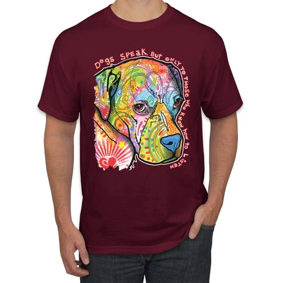 Neon Lab Dog Lover Shirt | Labrador Dogs Speak To Those Who Listen | Dean Russo Art Animal Lover Men's T-Shirt, Maroon, Large