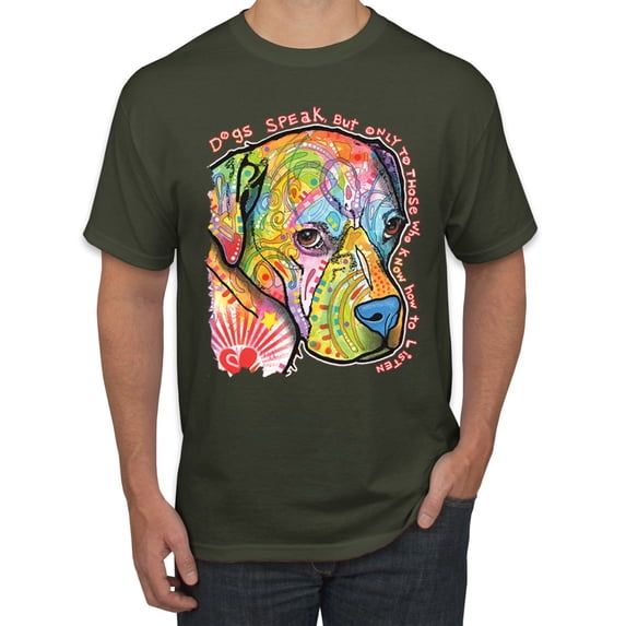 Neon Lab Dog Lover Shirt | Labrador Dogs Speak To Those Who Listen | Dean Russo Art Animal Lover Men's T-Shirt, Military Green, X-Large