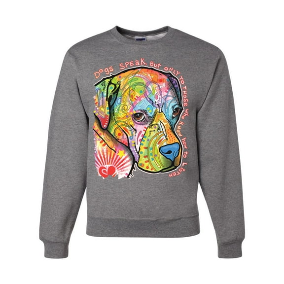 Neon Lab Dog Lover Shirt | Labrador Dogs Speak To Those Who Listen | Dean Russo Art Animal Lover Unisex Crewneck Sweatshirt, Heather Grey, Small