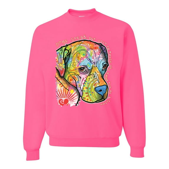 Neon Lab Dog Lover Shirt | Labrador Dogs Speak To Those Who Listen | Dean Russo Art Animal Lover Unisex Crewneck Sweatshirt, Neon Pink, X-Large