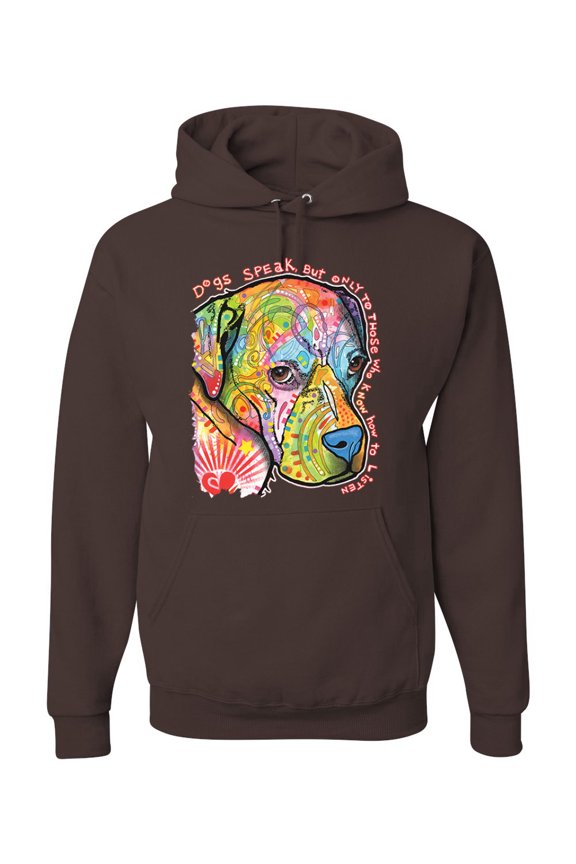 Neon Lab Dog Lover Shirt | Labrador Dogs Speak To Those Who Listen | Dean Russo Art Animal Lover Unisex Hoodie Sweatshirt, Brown, Large