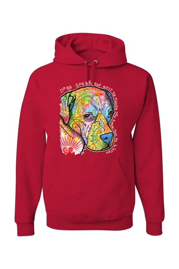 Neon Lab Dog Lover Shirt | Labrador Dogs Speak To Those Who Listen | Dean Russo Art Animal Lover Unisex Hoodie Sweatshirt, Red, Large