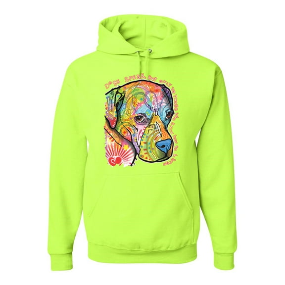 Neon Lab Dog Lover Shirt | Labrador Dogs Speak To Those Who Listen | Dean Russo Art Animal Lover Unisex Hoodie Sweatshirt, Safety Green, Medium