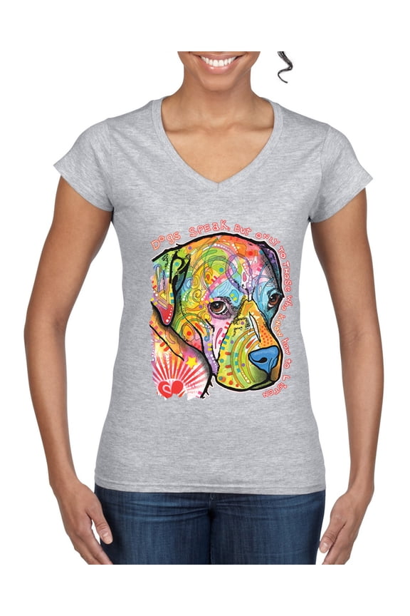 Neon Lab Dog Lover Shirt | Labrador Dogs Speak To Those Who Listen | Dean Russo Art Animal Lover Women's Standard V-Neck Tee, Heather Grey, X-Large