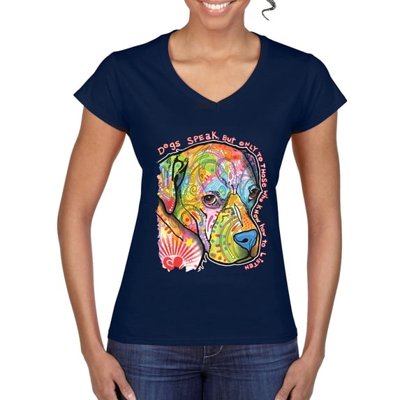 Neon Lab Dog Lover Shirt | Labrador Dogs Speak To Those Who Listen | Dean Russo Art Animal Lover Women's Standard V-Neck Tee, Navy, XX-Large
