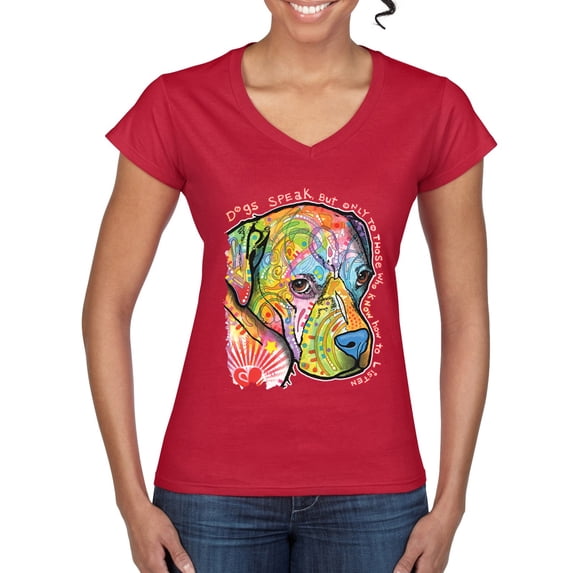 Neon Lab Dog Lover Shirt | Labrador Dogs Speak To Those Who Listen | Dean Russo Art Animal Lover Womenâ€™s Standard V-Neck Tee, Red, X-Large