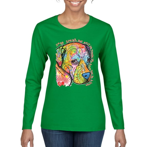 Neon Lab Dog Lover Shirt | Labrador Dogs Speak To Those Who Listen | Dean Russo Art Animal Lover Womens Long Sleeve T-Shirt, Kelly, X-Large