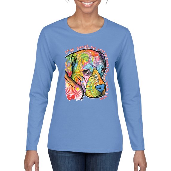 Neon Lab Dog Lover Shirt | Labrador Dogs Speak To Those Who Listen | Dean Russo Art Animal Lover Womens Long Sleeve T-Shirt, Light Blue, Medium