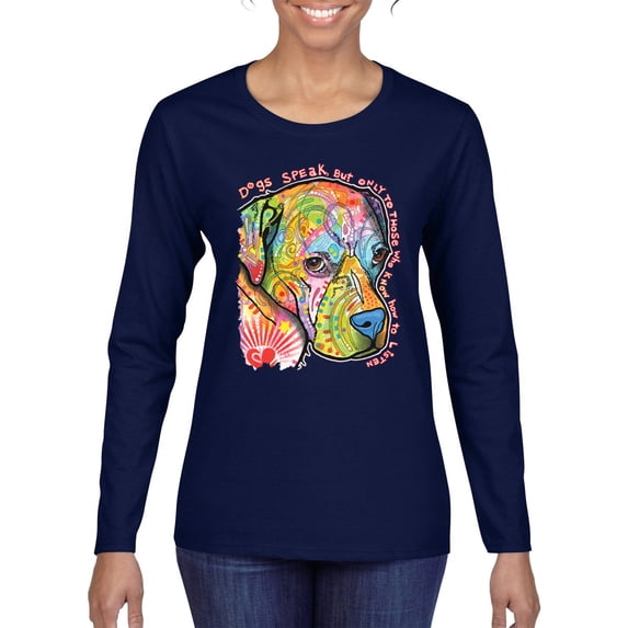 Neon Lab Dog Lover Shirt | Labrador Dogs Speak To Those Who Listen | Dean Russo Art Animal Lover Womens Long Sleeve T-Shirt, Navy, XX-Large