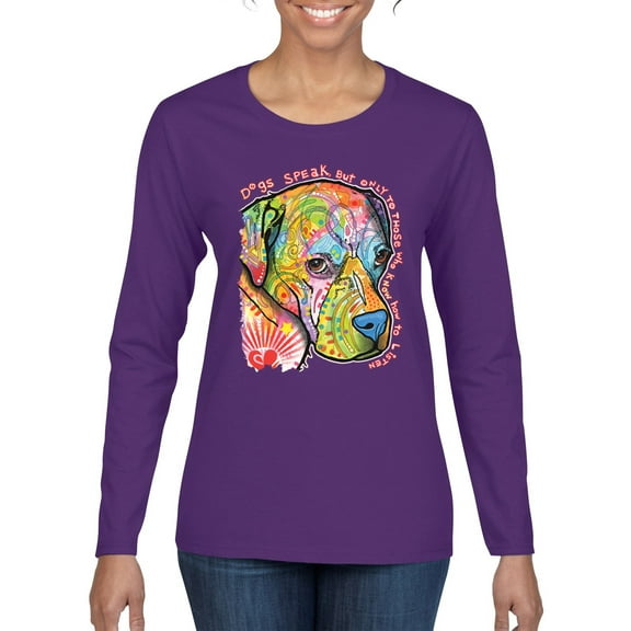Neon Lab Dog Lover Shirt | Labrador Dogs Speak To Those Who Listen | Dean Russo Art Animal Lover Womens Long Sleeve T-Shirt, Purple, Small