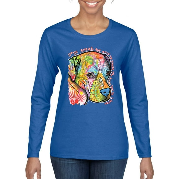 Neon Lab Dog Lover Shirt | Labrador Dogs Speak To Those Who Listen | Dean Russo Art Animal Lover Womens Long Sleeve T-Shirt, Royal, Large