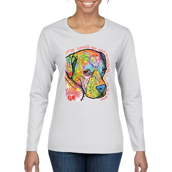 Neon Lab Dog Lover Shirt | Labrador Dogs Speak To Those Who Listen | Dean Russo Art Animal Lover Womens Long Sleeve T-Shirt, White, Small