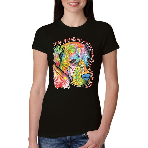 Neon Lab Dog Lover Shirt | Labrador Dogs Speak To Those Who Listen | Dean Russo Art Animal Lover Womens Slim Fit Junior Tee, Black, Small
