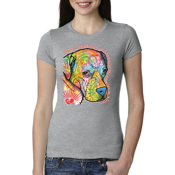Neon Lab Dog Lover Shirt | Labrador Dogs Speak To Those Who Listen | Dean Russo Art Animal Lover Womens Slim Fit Junior Tee, Heather Grey, X-Large