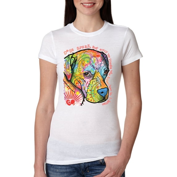 Neon Lab Dog Lover Shirt | Labrador Dogs Speak To Those Who Listen | Dean Russo Art Animal Lover Womens Slim Fit Junior Tee, White, Small