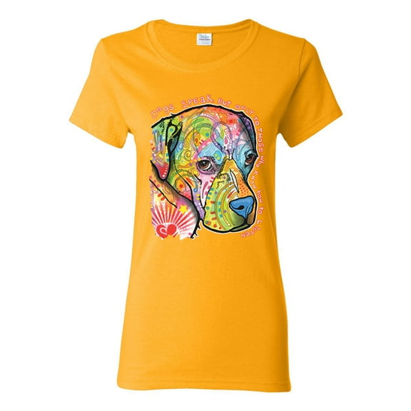 Neon Lab Dog Lover Shirt | Labrador Dogs Speak To Those Who Listen | Dean Russo Art Animal Lover Womens T-Shirt, Gold, Small