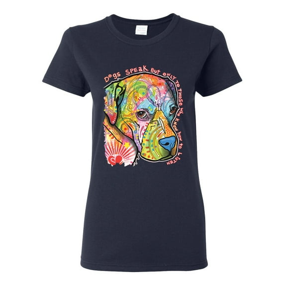 Neon Lab Dog Lover Shirt | Labrador Dogs Speak To Those Who Listen | Dean Russo Art Animal Lover Womens T-Shirt, Navy, 3X-Large