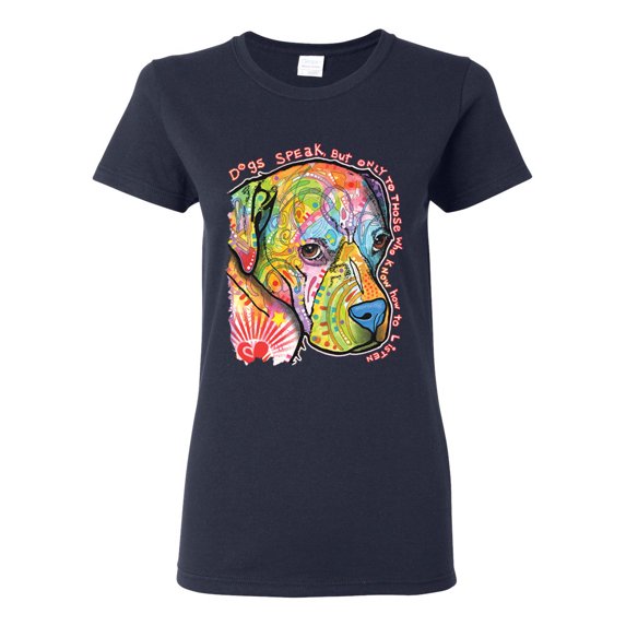Neon Lab Dog Lover Shirt | Labrador Dogs Speak To Those Who Listen | Dean Russo Art Animal Lover Womens T-Shirt, Navy, Small