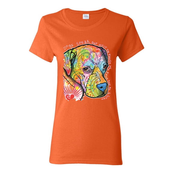 Neon Lab Dog Lover Shirt | Labrador Dogs Speak To Those Who Listen | Dean Russo Art Animal Lover Womens T-Shirt, Orange, Medium