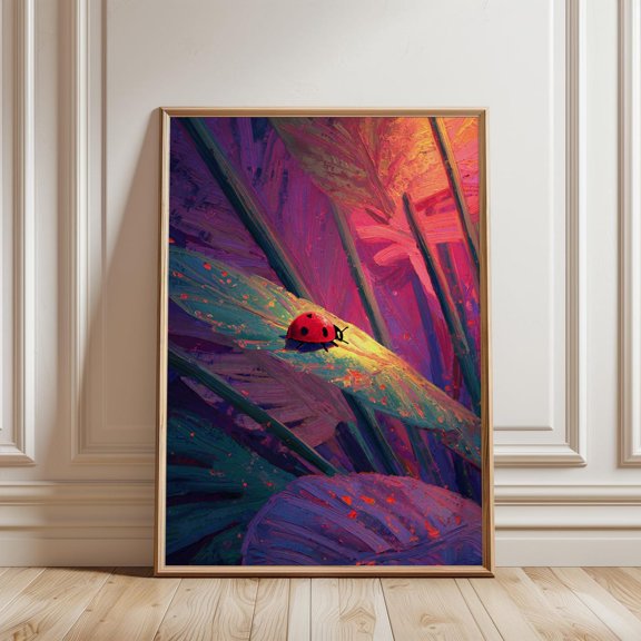 Neon Ladybug On Abstract Leaves Colorful Impressionist Wall Art Print, Unframed Paper Print
