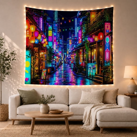 Neon Lantern Alley Among Lush Green Vines, Dreamy Digital Art for Gamers, Urban Night Decor, Housewarming Gift, Tapestry Wall Hanging for Studio and Gaming Room