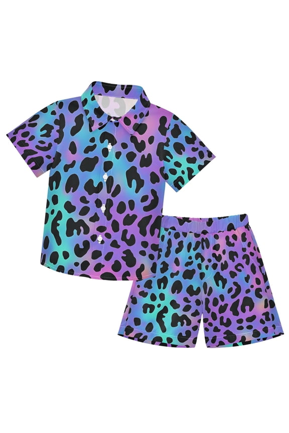 Neon Leopard Pattern Boys' Hawaiian Shorts Sets Button Down Shirts 3T-10Y for Beach Vacation