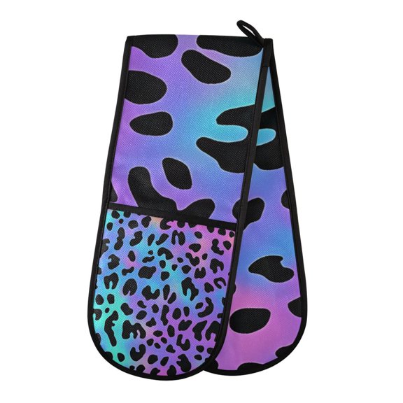 Neon Leopard Pattern Double Oven Mitt 200C Quilted Cotton Lined Kitchen Pot Holder 35x7in