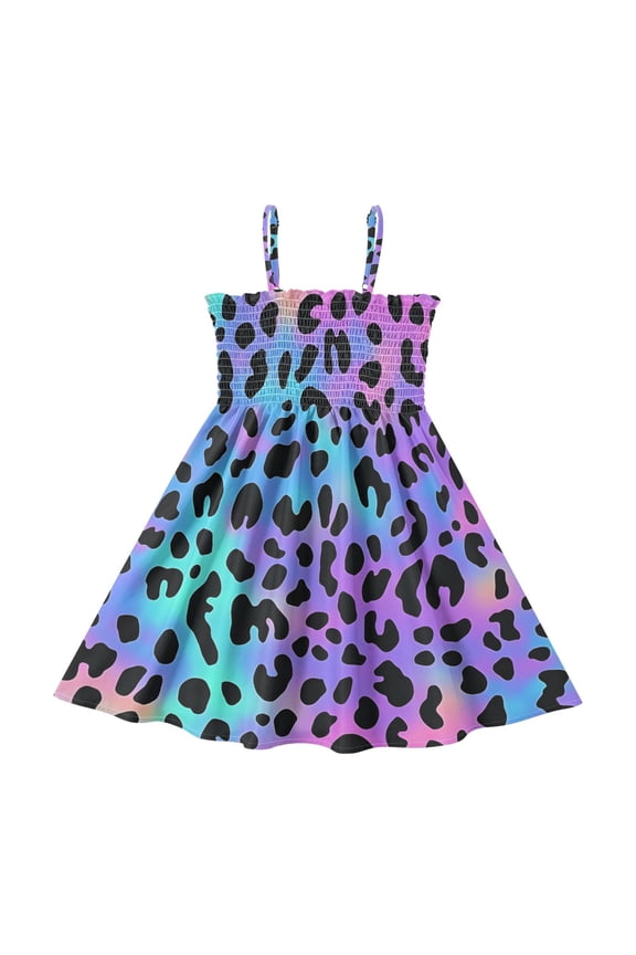 Neon Leopard Pattern Girls' Casual Dresses 2Y-8Y Sleeveless Ruffle Neck for Summer Daily Wear