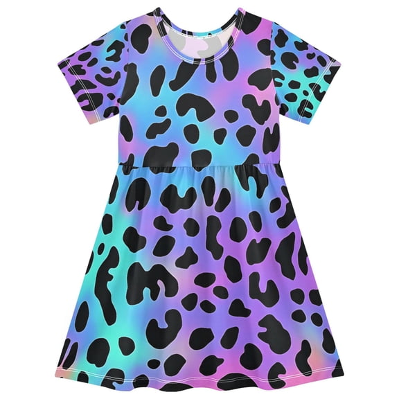 Neon Leopard Pattern Girls Short Sleeve Dress A Line Sun Protection Breathable Comfort Sundress 2T