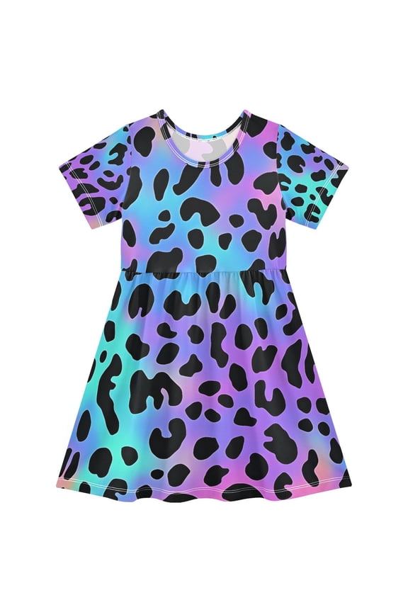 Neon Leopard Pattern Girls Short Sleeve Dress A Line Sun Protection Breathable Comfort Sundress 4T
