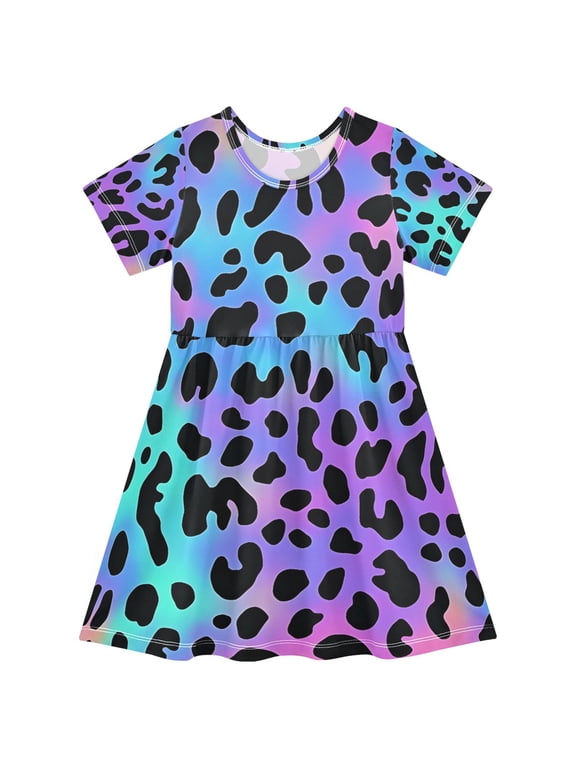 Neon Leopard Pattern Girls Short Sleeve Dress A Line Sun Protection Breathable Comfort Sundress 4T