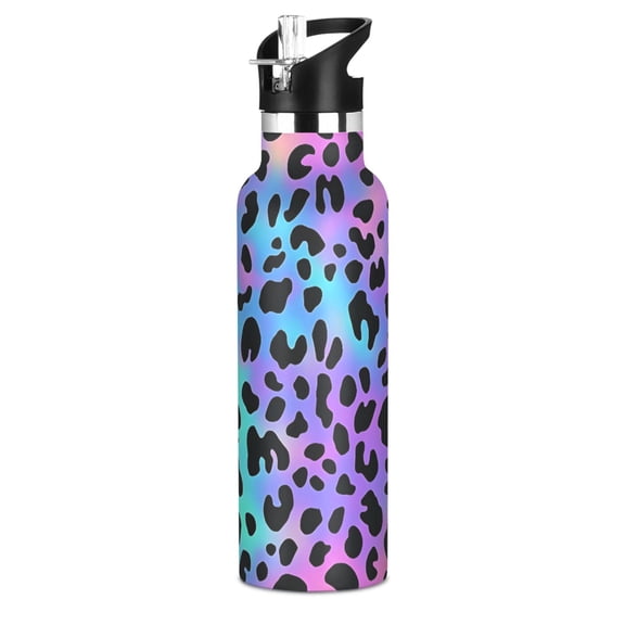 Neon Leopard Pattern Sport Water Bottle for Kids Insulated with Straw for School Outdoor Daily Use
