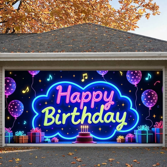 Neon Light Banner Heart-shaped Balloons Birthday Party Display Colorful Gift Boxes Musical Notes Neon Celebration Backdrop for Birthday Party Indoor Decoration Photo Shoot