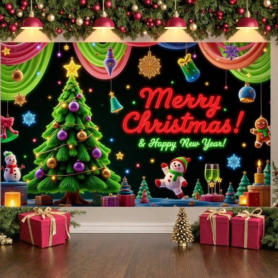 Neon Light Christmas Banner Christmas Tree Merry Christmas Display Colorful Ornaments Snowflake Pattern Xmas Backdrop for Christmas Party New Year Celebration Holiday Gathering